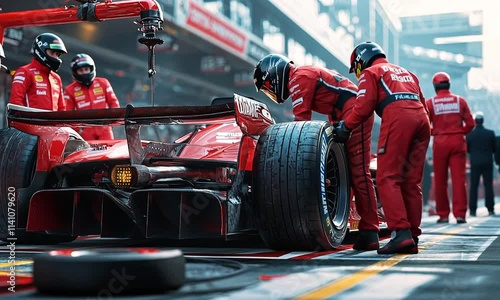 Pit Crew Servicing a Red Formula One Race Car in the Pits