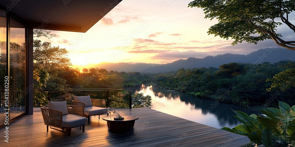 Fototapeta premium beautiful scene of home balcony view with table set, luxury wooden floor on curved river and green forest background at sunset 