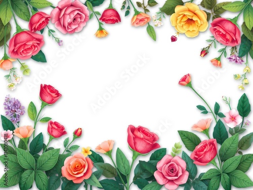 A beautiful frame made of rose flowers and leaves, perfect for adding a touch of nature to your designs, design, colorful, arrangement