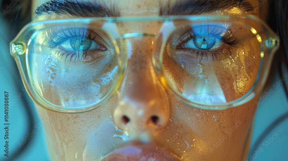 Close-up portrait of a woman with freckles wearing transparent glasses, reflecting light. Close-up portrait of a woman with freckles wearing transparent glasses, reflecting light.