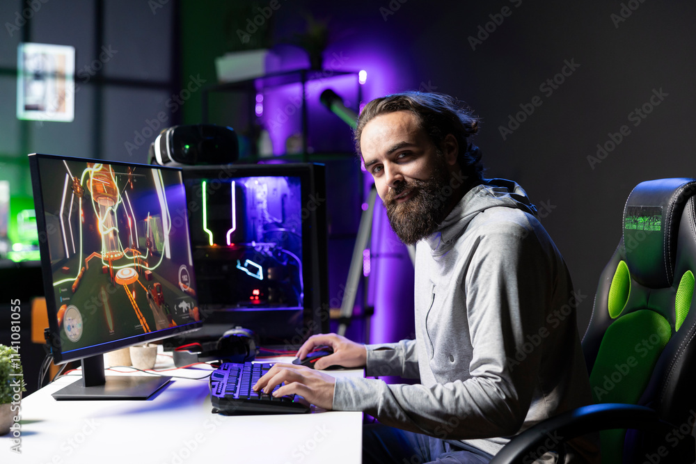 Smiling professional player competing in videogame tournaments online while streaming on internet channels for viewers. Joyful pro gamer participating in esports competition during stream with fans Smiling professional player competing in videogame tournaments online while streaming on internet channels for viewers. Joyful pro gamer participating in esports competition during stream with fans
