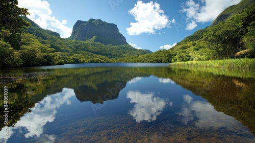 Serene lake reflecting mountain and sky.