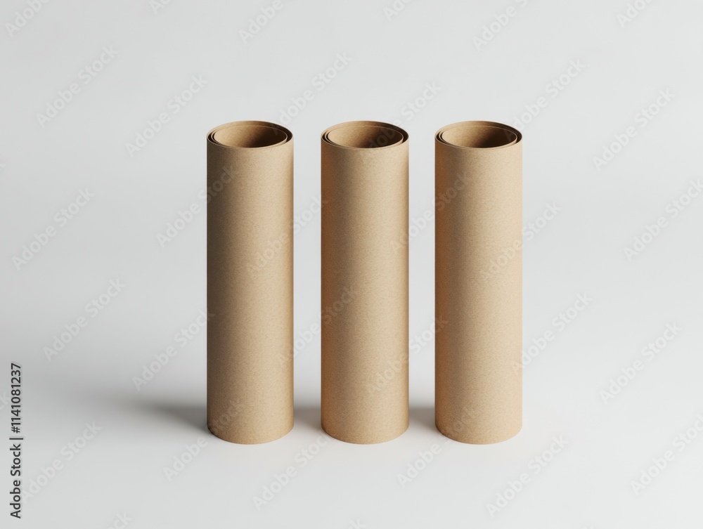 Three kraft paper tubes stand upright against a white background. Simple labels in muted colors enhance the minimalist aesthetic. Soft lighting adds depth and tranquility to the composition Three kraft paper tubes stand upright against a white background. Simple labels in muted colors enhance the minimalist aesthetic. Soft lighting adds depth and tranquility to the composition