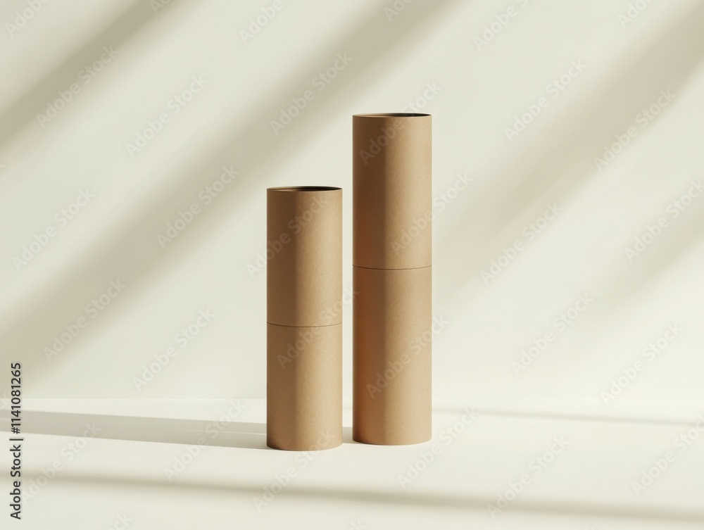 Three kraft paper tubes stand upright against a white background. Simple labels in muted colors enhance the minimalist aesthetic. Soft lighting adds depth and tranquility to the composition Three kraft paper tubes stand upright against a white background. Simple labels in muted colors enhance the minimalist aesthetic. Soft lighting adds depth and tranquility to the composition