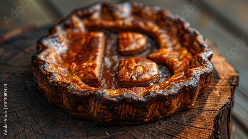 Delicious baked pie with letter B design on rustic wood. photo