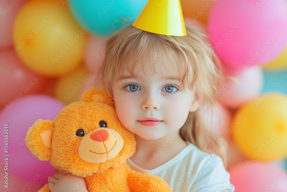 A child holds a bright orange teddy bear, wearing a neon yellow party hat. Surrounded by pastel balloons, the bust captures a joyful celebration atmosphere, inviting warmth and whimsy A child holds a bright orange teddy bear, wearing a neon yellow party hat. Surrounded by pastel balloons, the bust captures a joyful celebration atmosphere, inviting warmth and whimsy