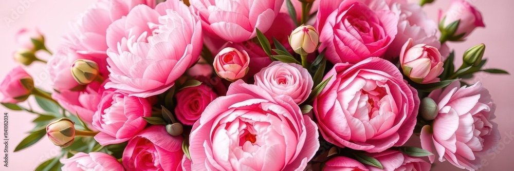 Obraz premium Close-up shot of a beautiful fresh bunch of pink peonies and roses with ample copy space, bouquet, romantic