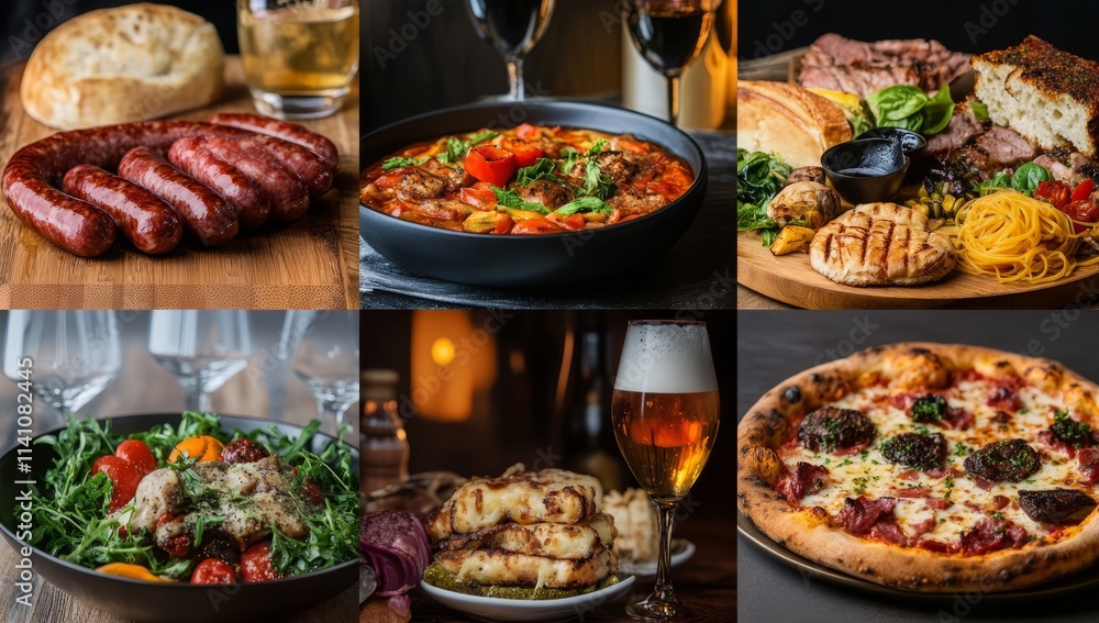 Delicious food collage showcasing various cuisines sausages, stew, roast, pizza, salad, and grilled items. Delicious food collage showcasing various cuisines sausages, stew, roast, pizza, salad, and grilled items.