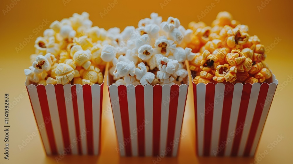 Three striped popcorn containers filled with yellow, white, and orange popcorn against a bright background.