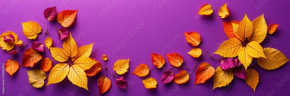 Obraz premium Dry orange metallic leaves arranged in a beautiful pattern on a vibrant violet background, nature, autumn