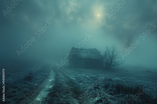 Old abandoned house in a foggy winter landscape. Retro style..,.  