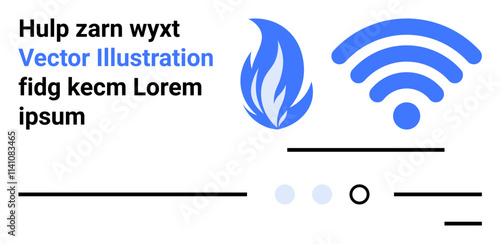 Large blue wireless signal and flame icons, black horizontal lines, dummy text. Ideal for technology, communication, connectivity, networking, IT services, web development, modern design. Landing