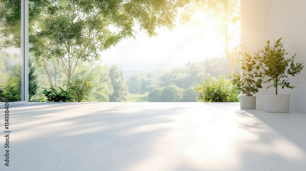 Fototapeta premium Sunlit modern white terrace with floor-to-ceiling glass and potted greenery. Soft morning shadows. Calm productivity and fresh starts. Website hero for wellness brands and real estate.