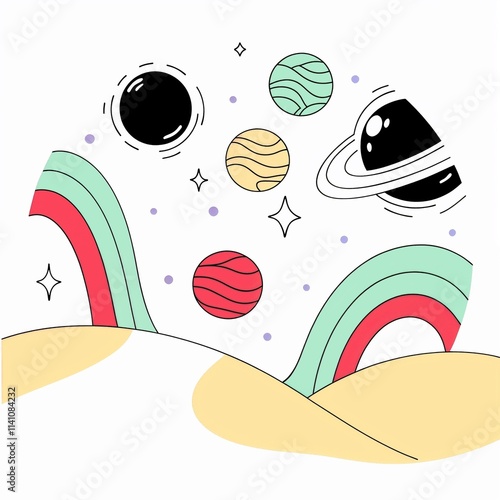 Illustration features vibrant planets, including a Saturn like one with rings, set against a light backdrop with rainbow arches and star shapes. photo