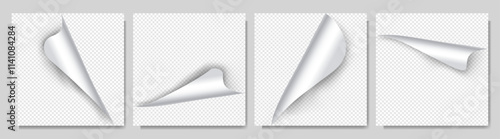 Vector illustration. Set of 4 realistic curled glossy paper corners with shadow effects on transparent backgrounds. Folded blank page elements for web banners, social media template, blog post