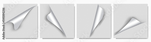 Vector illustration. Realistic set of 4 curled glossy paper corners with soft shadows on transparent background. Folded blank page. Design elements for web banner, social media template, blog post