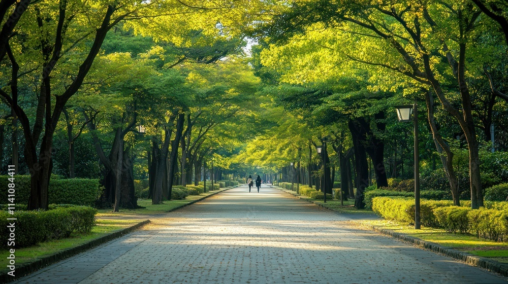 Obraz premium Paved path through a lush green park.