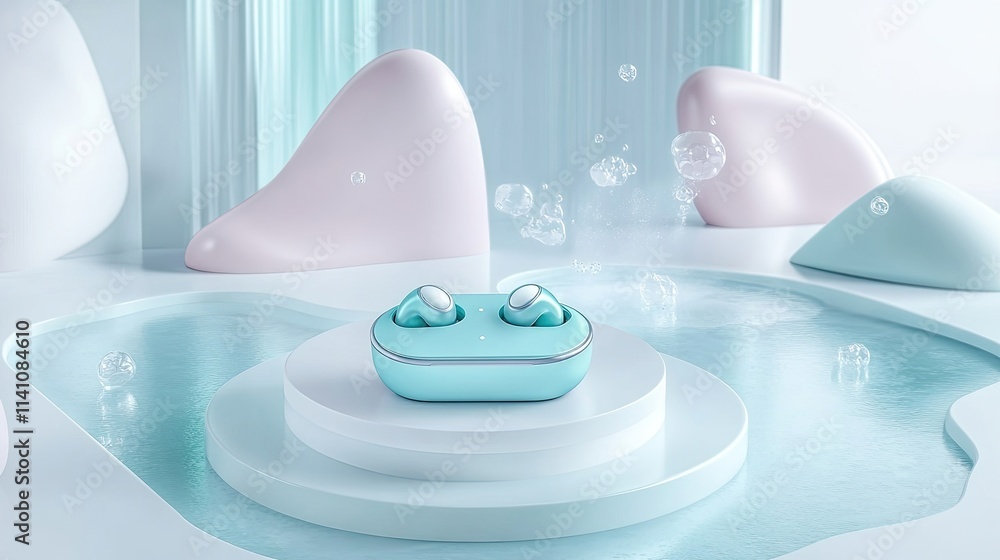 A stylish pair of wireless earbuds showcased in a serene, modern setting with soft colors. A stylish pair of wireless earbuds showcased in a serene, modern setting with soft colors.