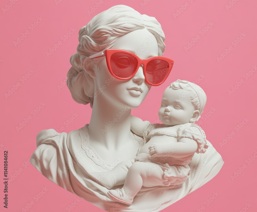 White marble sculpture depicts a serene mother cradling her baby, adorned with striking red sunglasses, set against a vibrant pink heart backdrop, merging classic art with modern pop aesthetics White marble sculpture depicts a serene mother cradling her baby, adorned with striking red sunglasses, set against a vibrant pink heart backdrop, merging classic art with modern pop aesthetics