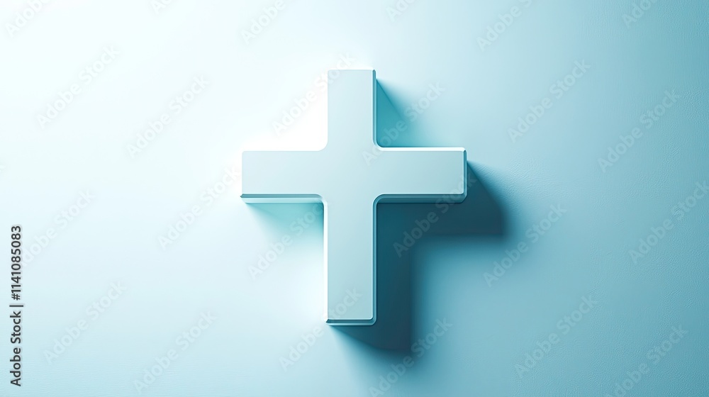 A minimalist 3D representation of a cross against a light blue background. A minimalist 3D representation of a cross against a light blue background.