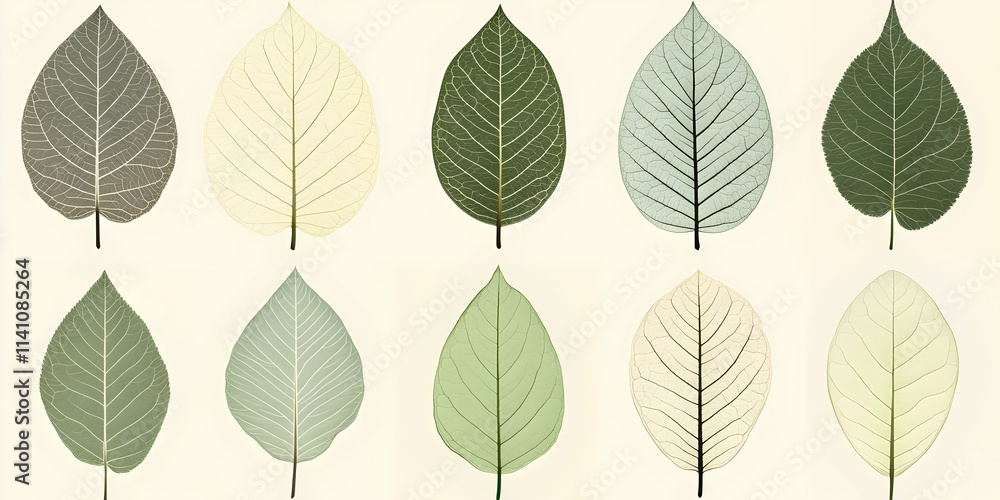 A collection of various leaf shapes and colors arranged in a grid pattern. A collection of various leaf shapes and colors arranged in a grid pattern.
