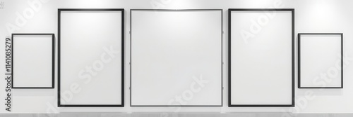 Three blank vertical posters hanging on a white wall in a modern room, white, decoration