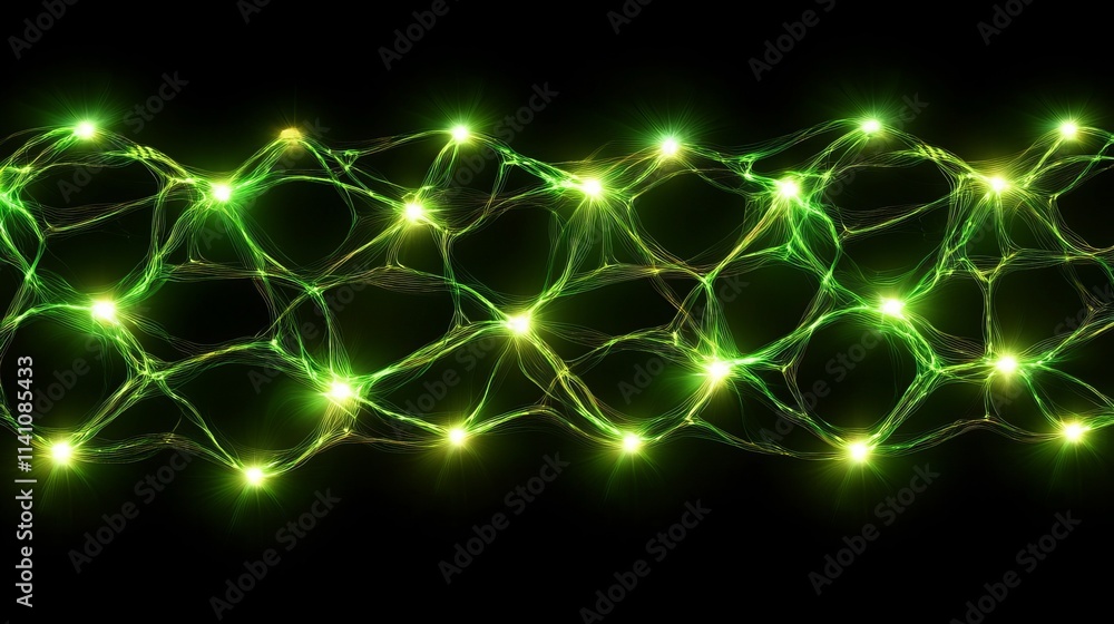 Fototapeta premium Abstract image of a glowing green network, resembling a neural network or energy flow. The vibrant green lights and dark background create a striking contrast.