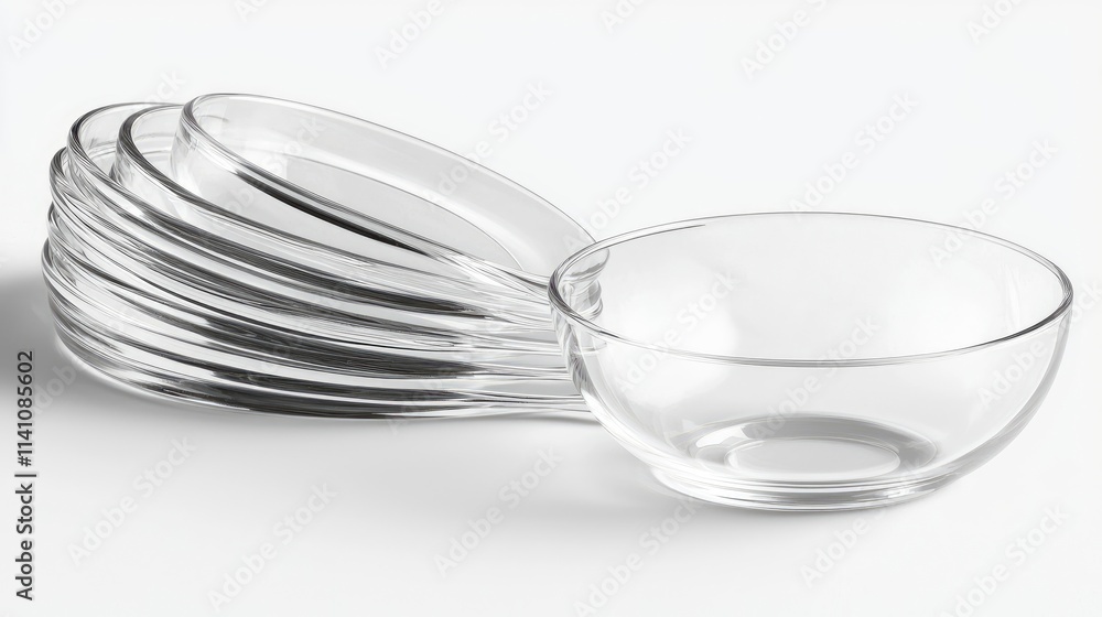 A stack of clear glass bowls, showcasing their simple, elegant design for serving food. A stack of clear glass bowls, showcasing their simple, elegant design for serving food.