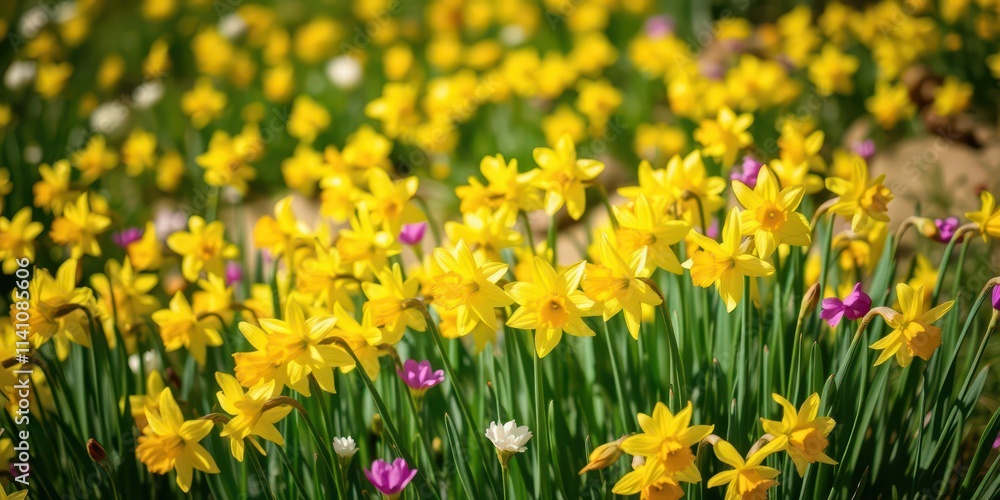 Vibrant yellow daffodil flowers blooming in a lush field under the bright sun, bloom, yellow, nature Vibrant yellow daffodil flowers blooming in a lush field under the bright sun, bloom, yellow, nature