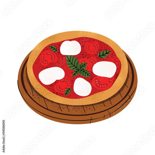 Margherita pizza with mozzarella, tomatoes, and basil. Ideal for Italian food menus, pizzerias, and recipe designs. Flat vector illustration, isolated on white background.