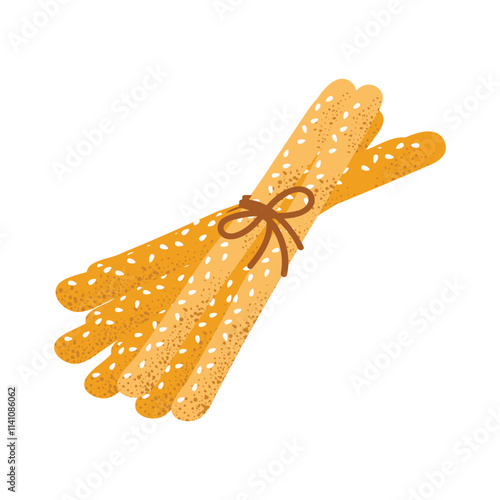 Grissini breadsticks tied with a string. Traditional Italian snack for bakeries, menus, and rustic food designs. Flat vector illustration, isolated on white background.