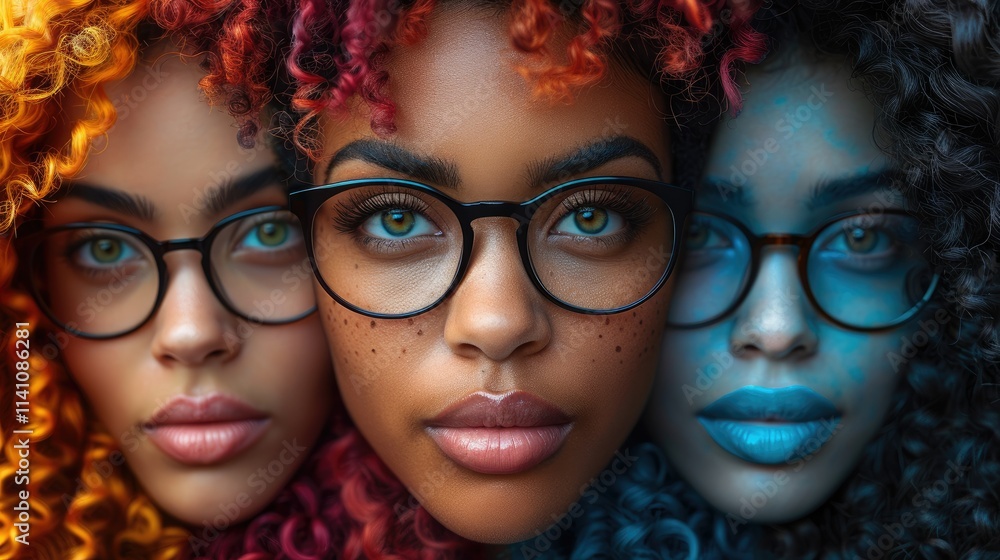 Obraz premium Three women with vibrant hair and glasses, close-up portraits.