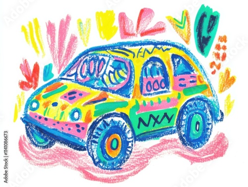 A colorful electric car is illustrated in a playful kids drawing style, set against a bright landscape of buildings and greenery. The design reflects joy and creativity photo