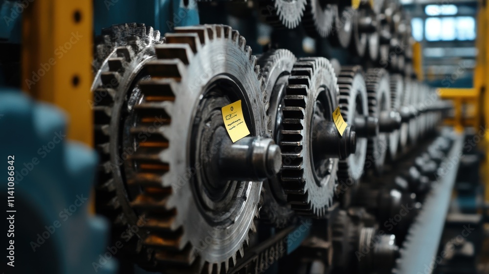 The intricate gears and levers of a factory machine captured in detail with sticky notes attached referencing budget changes due to rising costs. The intricate gears and levers of a factory machine captured in detail with sticky notes attached referencing budget changes due to rising costs.