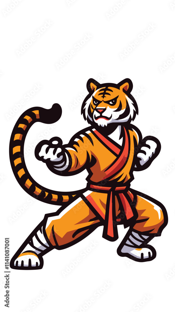 tiger mascot wearing shaolin clothes with a pose ready to fight in flat style tiger mascot wearing shaolin clothes with a pose ready to fight in flat style