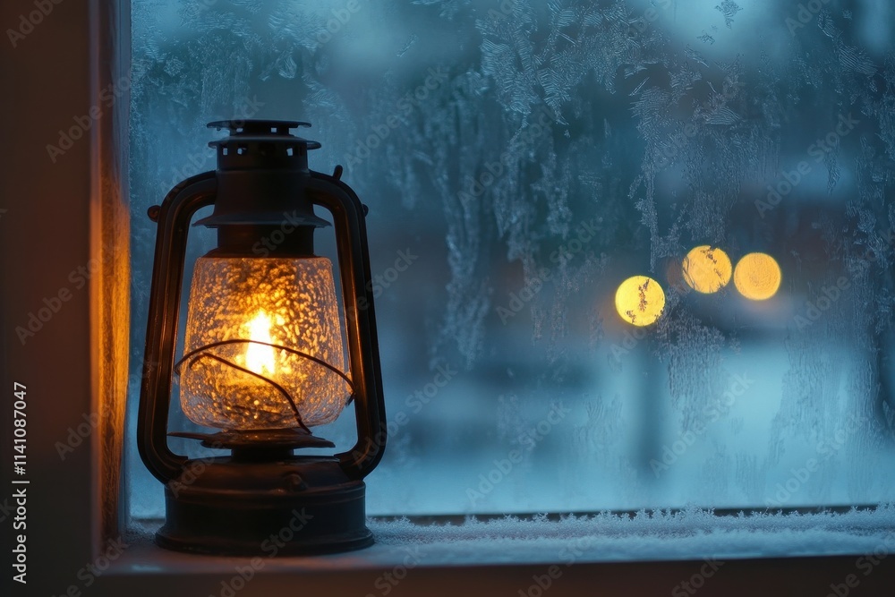 Warm glowing lantern on a frosty window ledge casting soft light against blurred cold winter background with condensation Warm glowing lantern on a frosty window ledge casting soft light against blurred cold winter background with condensation