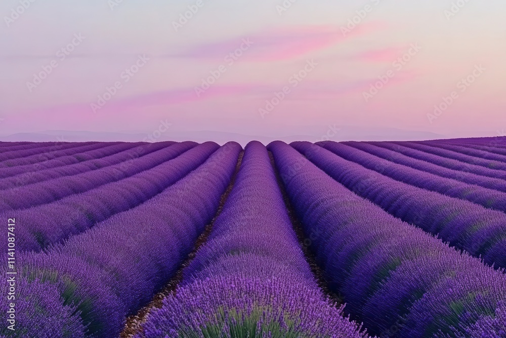 Beautiful lavender field with rows of blooming purple flowers stretching under soft sky creating a peaceful rural landscape Beautiful lavender field with rows of blooming purple flowers stretching under soft sky creating a peaceful rural landscape
