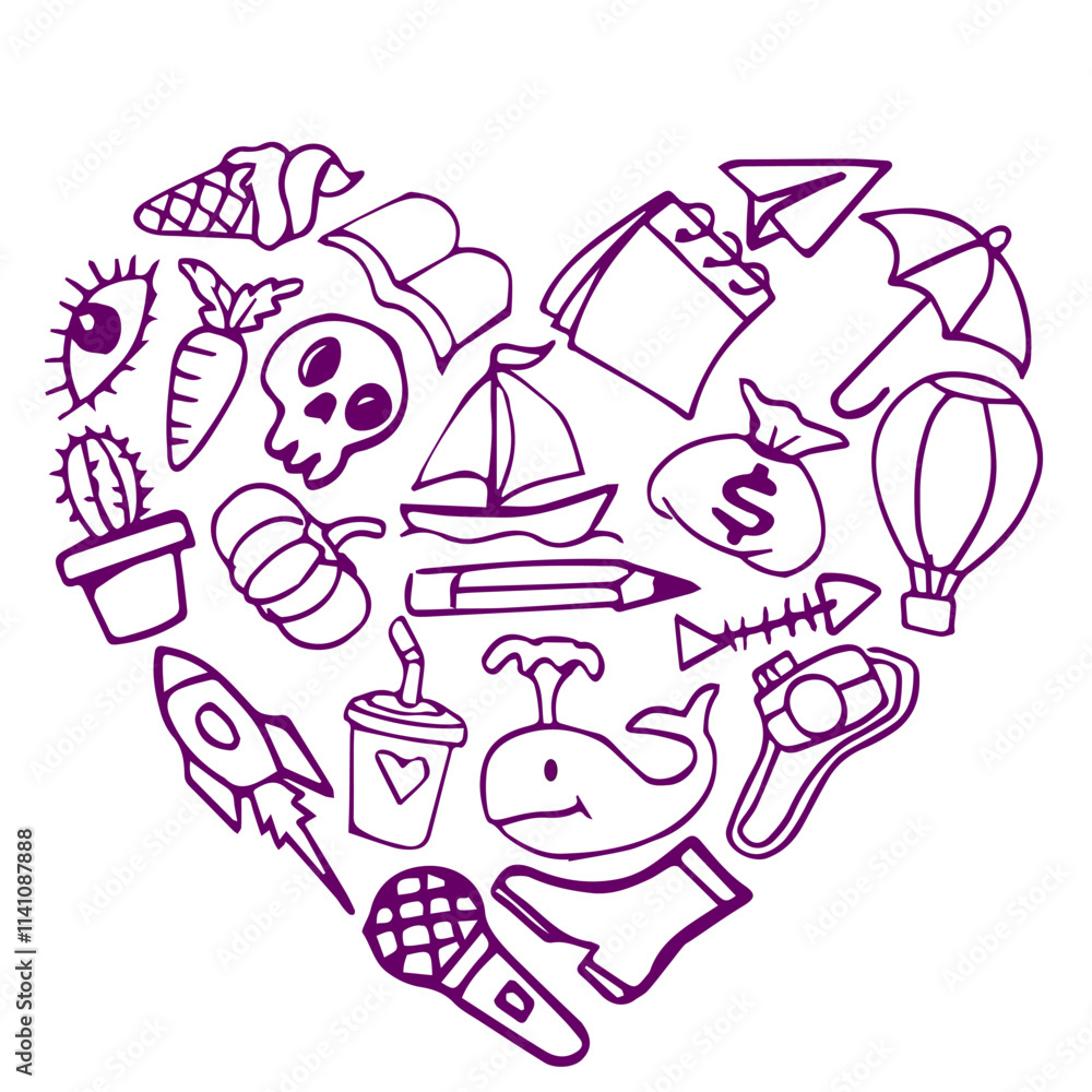 Vector hand-drawn kids doodle set. Drawings for children in black and white hand drawn sketch Vector hand-drawn kids doodle set. Drawings for children in black and white hand drawn sketch