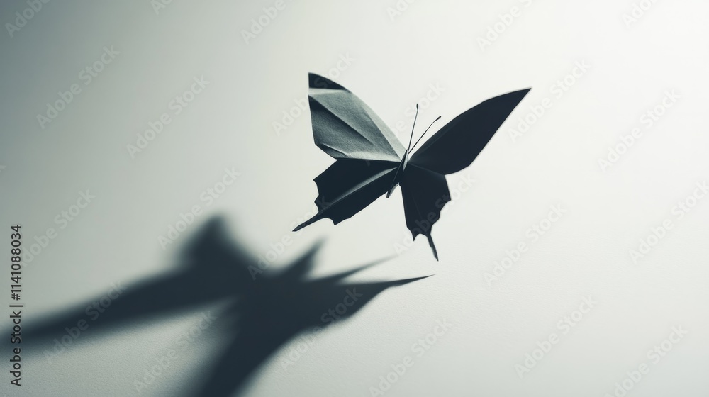 Obraz premium Origami butterfly suspended mid-air, casting a delicate shadow on a plain background generative ai