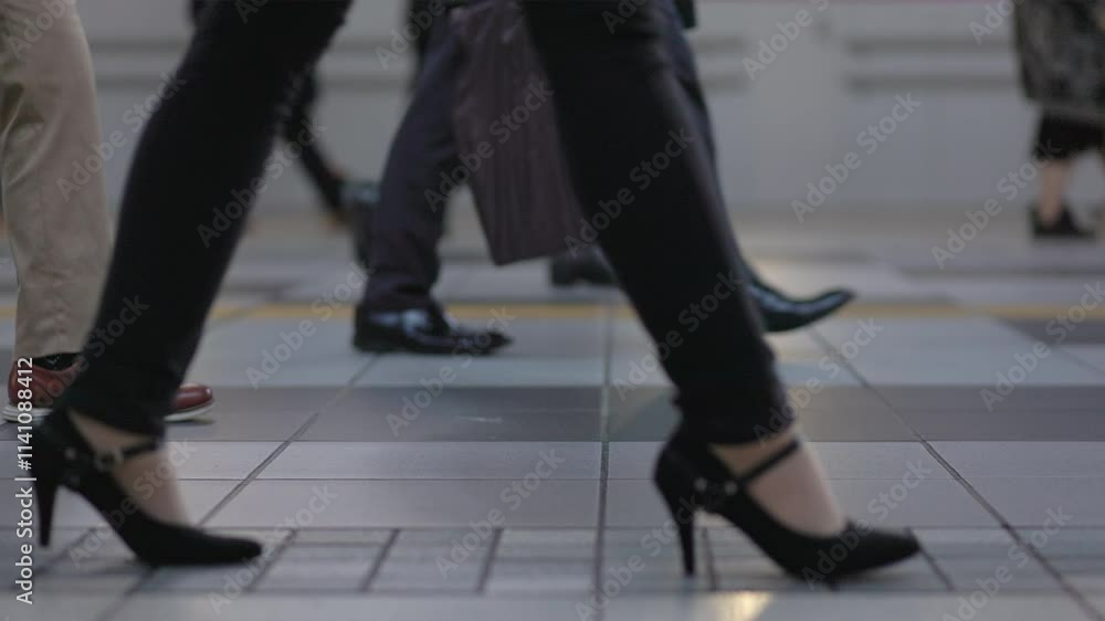 SLOMO Low shot of legs, feet and luggage of people walking in a crowded Tokyo subway train station. Captured at 120 frames per second. SLOMO Low shot of legs, feet and luggage of people walking in a crowded Tokyo subway train station. Captured at 120 frames per second.
