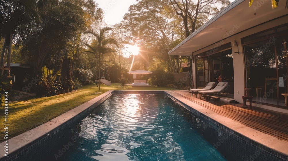 minimalist family swimming pool in the yard. minimalist family swimming pool in the yard.