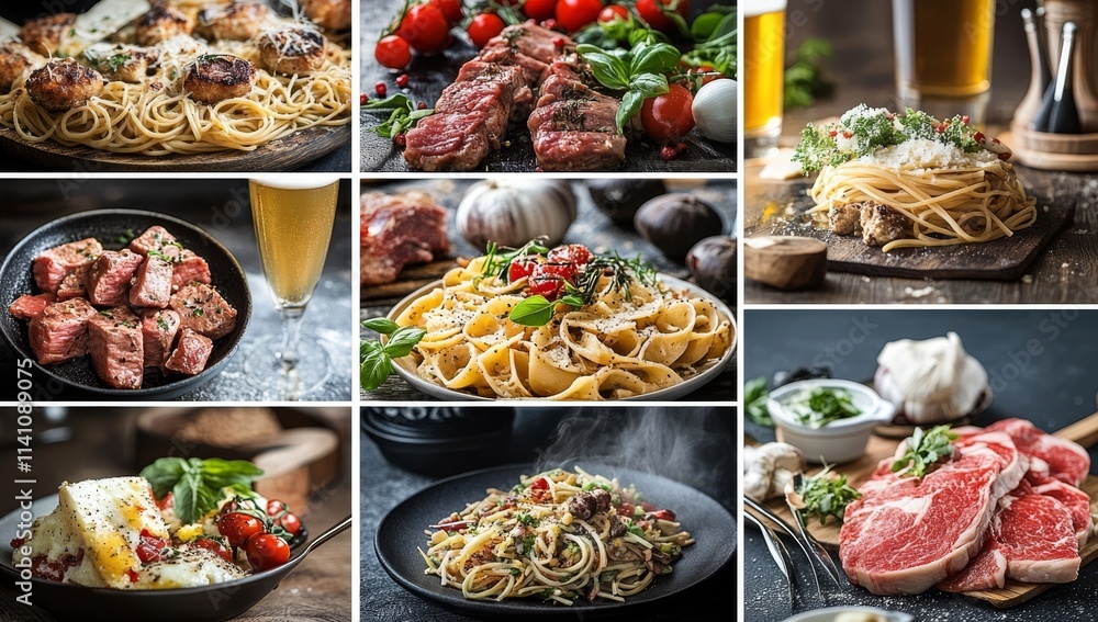 Collage of delicious food pasta, steak, and meat dishes. Collage of delicious food pasta, steak, and meat dishes.