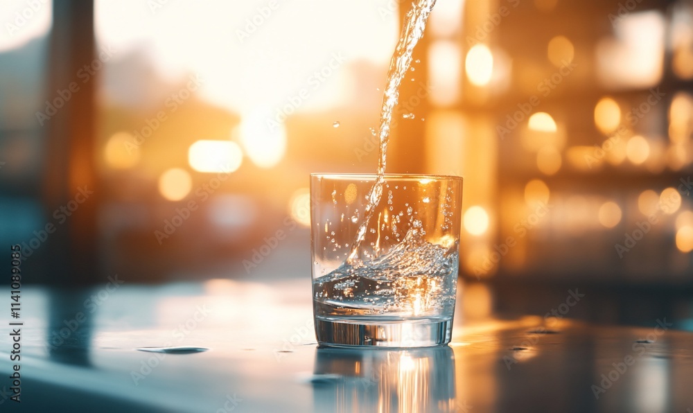 A glass being filled with water, capturing a moment of refreshment. A glass being filled with water, capturing a moment of refreshment.
