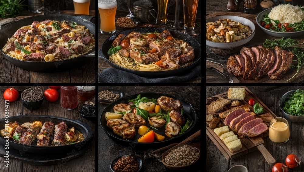 Delicious meat dishes collage pasta, steak, grilled, roasted, pork, chicken, sausage, and more. Delicious meat dishes collage pasta, steak, grilled, roasted, pork, chicken, sausage, and more.
