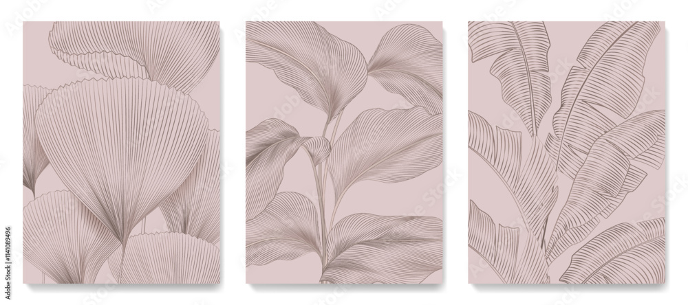 custom made wallpaper toronto digitalTropical art background with exotic pink leaves of tropical trees in line style. Botanical set for decor, print, textile, poster, interior design, cover, wallpaper, packaging