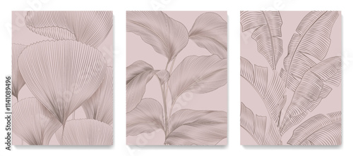 Tropical art background with exotic pink leaves of tropical trees in line style. Botanical set for decor, print, textile, poster, interior design, cover, wallpaper, packaging