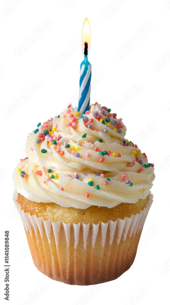 Isolated single cupcake with vanilla frosting, colorful sprinkles, and a lit blue and white striped birthday candle on a transparent background Isolated single cupcake with vanilla frosting, colorful sprinkles, and a lit blue and white striped birthday candle on a transparent background