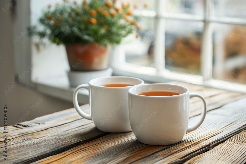 Two cups of tea on a wooden table symbolize harmony and resolution in a serene, naturally lit environment Two cups of tea on a wooden table symbolize harmony and resolution in a serene, naturally lit environment