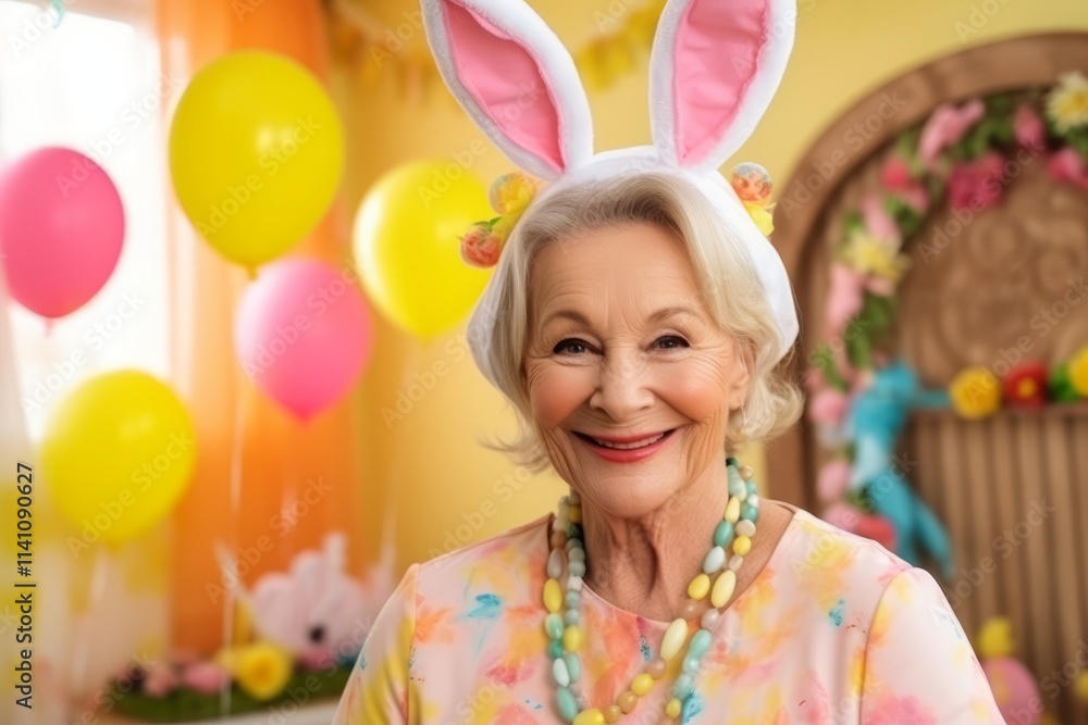 Portrait of happy senior woman wearing bunny ears at easter party Portrait of happy senior woman wearing bunny ears at easter party
