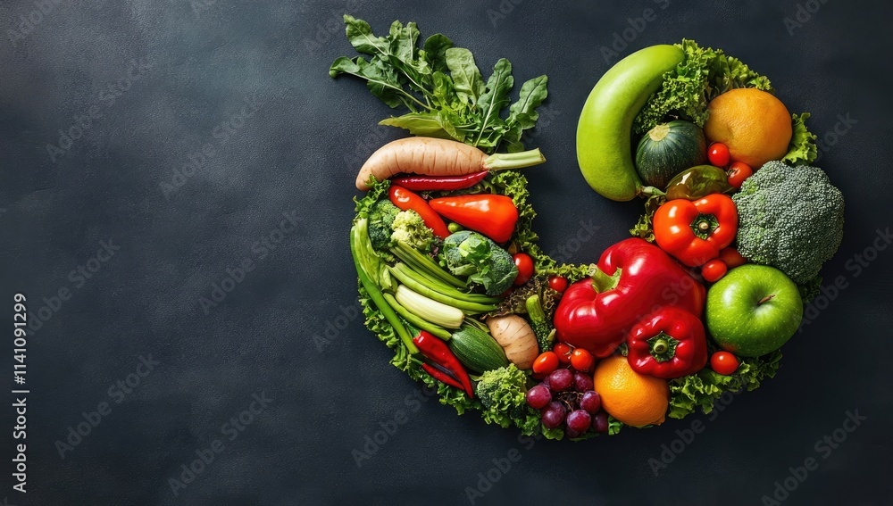 Vibrant heart-shaped design created from various fruits and vegetables. Vibrant heart-shaped design created from various fruits and vegetables.